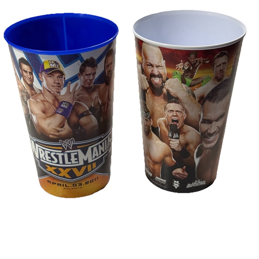 2 Vintage WWE Blue & White Collectible Plastic Souvenir Cups Wrestling Superstar